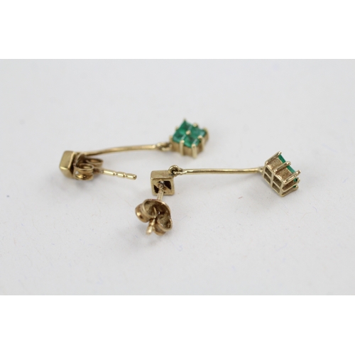 162 - 9ct gold emerald & diamond drop earrings with scroll backs (1.6g)