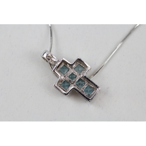 170 - 9ct gold square cut blue topaz cross pendant necklace (3.8g)