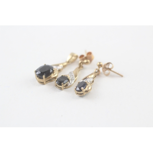 198 - 9ct gold sapphire and diamond drop earrings and pendant set with 9ct gold chain (3.2g)