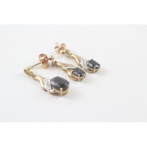 198 - 9ct gold sapphire and diamond drop earrings and pendant set with 9ct gold chain (3.2g)