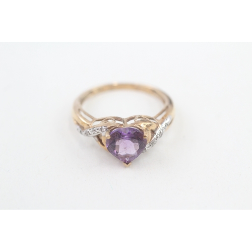 3 - 9ct gold diamond & amethyst heart ring (2.6g) Size  O