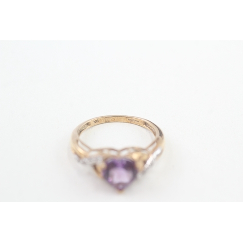 3 - 9ct gold diamond & amethyst heart ring (2.6g) Size  O