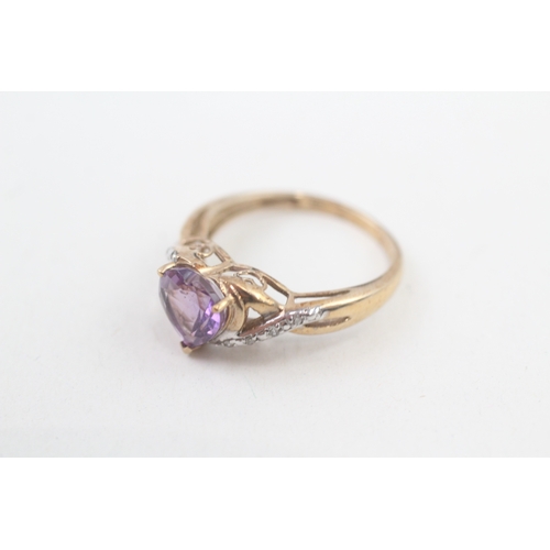 3 - 9ct gold diamond & amethyst heart ring (2.6g) Size  O