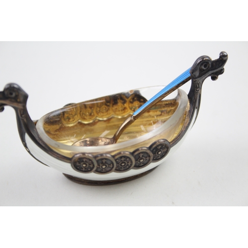 339 - Vintage .925 Sterling Silver Norway Viking Long Boat Dish w/ Enamel, Spoon 33g