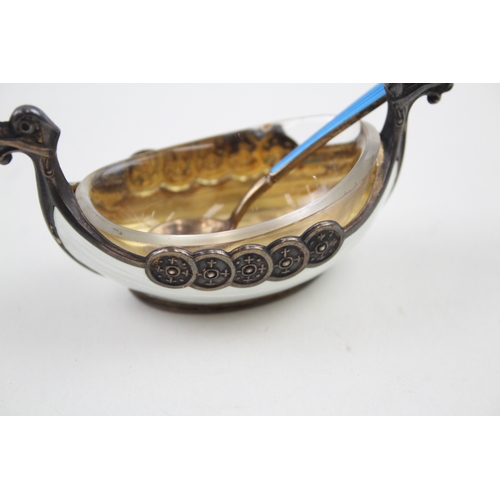 339 - Vintage .925 Sterling Silver Norway Viking Long Boat Dish w/ Enamel, Spoon 33g