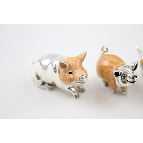 360 - 3 x Stamped .925 Sterling Silver Italy Novelty Pig Ornaments w/ Enamel 88g