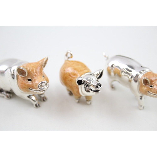 360 - 3 x Stamped .925 Sterling Silver Italy Novelty Pig Ornaments w/ Enamel 88g