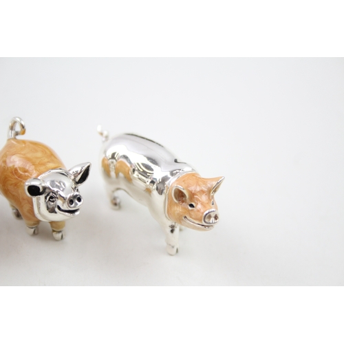 360 - 3 x Stamped .925 Sterling Silver Italy Novelty Pig Ornaments w/ Enamel 88g