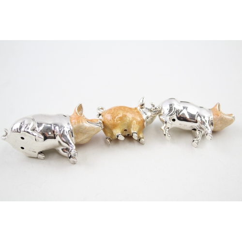 360 - 3 x Stamped .925 Sterling Silver Italy Novelty Pig Ornaments w/ Enamel 88g