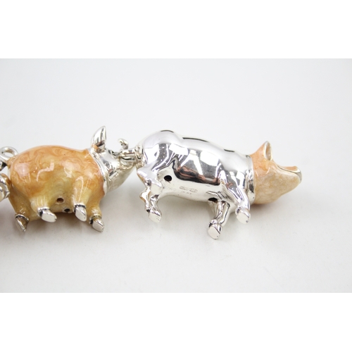 360 - 3 x Stamped .925 Sterling Silver Italy Novelty Pig Ornaments w/ Enamel 88g