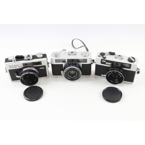 386 - Compact Rangefinder Film Cameras Inc Chinon & Ricoh 500 G Etc Working x 3