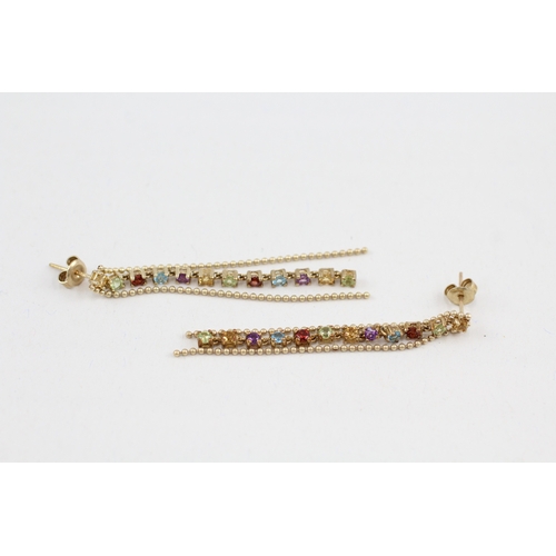 39 - 9ct gold multi-gemstone drop earrings, gemstones including: garnet, blue topaz, peridot, citrine & a... 