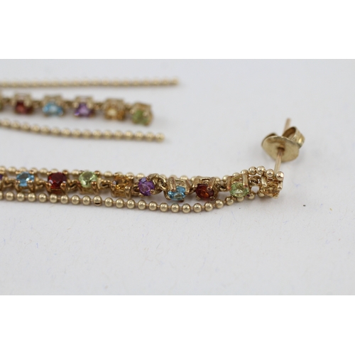 39 - 9ct gold multi-gemstone drop earrings, gemstones including: garnet, blue topaz, peridot, citrine & a... 