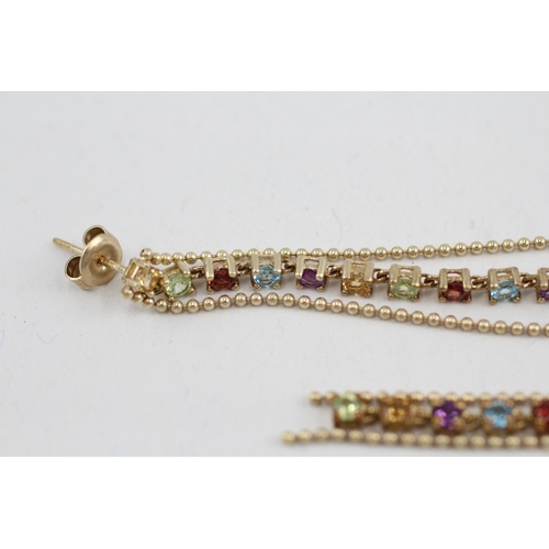 39 - 9ct gold multi-gemstone drop earrings, gemstones including: garnet, blue topaz, peridot, citrine & a... 