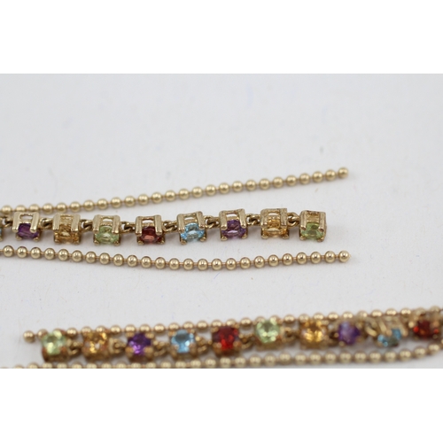 39 - 9ct gold multi-gemstone drop earrings, gemstones including: garnet, blue topaz, peridot, citrine & a... 