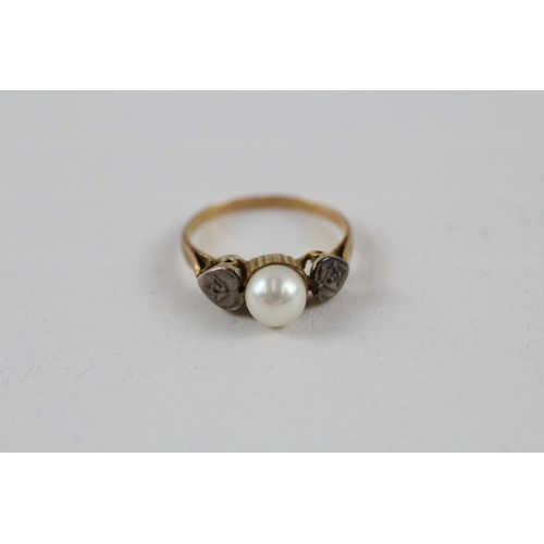 40 - 9ct gold vintage cultured pearl and diamond set shoulder dress ring (2.3g) AS SEEN - MISHAPEN Size  ... 