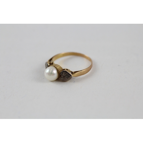 40 - 9ct gold vintage cultured pearl and diamond set shoulder dress ring (2.3g) AS SEEN - MISHAPEN Size  ... 