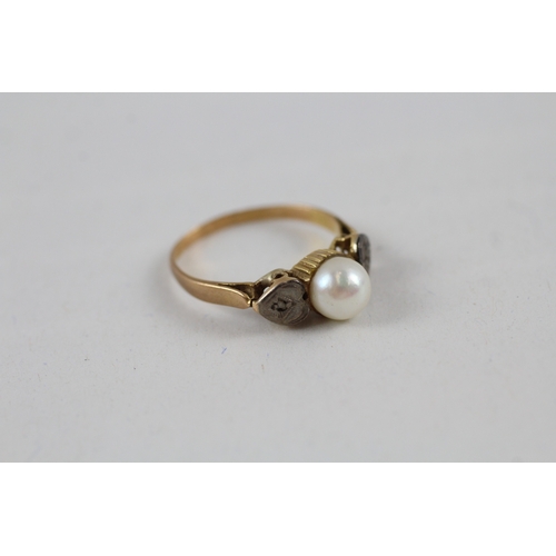 40 - 9ct gold vintage cultured pearl and diamond set shoulder dress ring (2.3g) AS SEEN - MISHAPEN Size  ... 