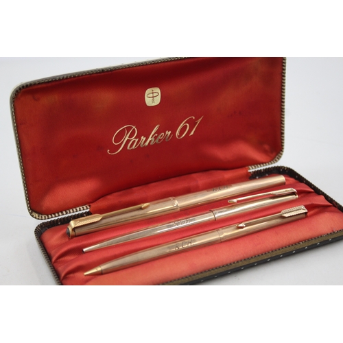 439 - Vintage PARKER 61 Gold Plated Fountain Pen w/ 14ct Nib, Ballpoint, Pencil, Box