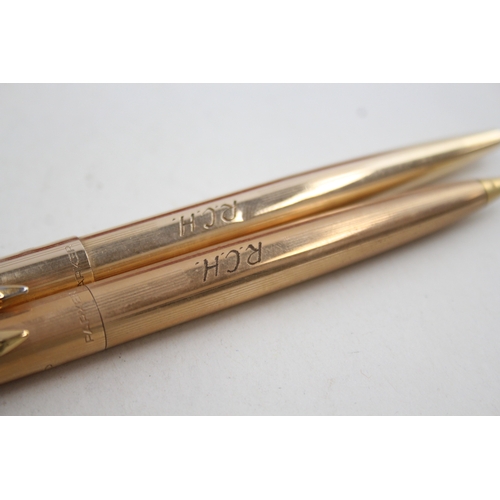 439 - Vintage PARKER 61 Gold Plated Fountain Pen w/ 14ct Nib, Ballpoint, Pencil, Box