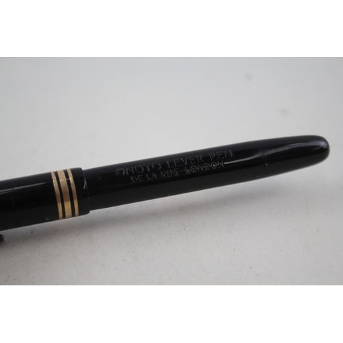 448 - Vintage De La Rue Onoto Lever Pen Black Fountain Pen w/ 14ct Gold Nib WRITING