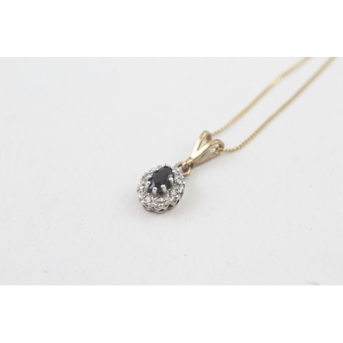 73 - 9ct gold vintage sapphire and diamond halo pendant with 9ct gold chain (1.6g)