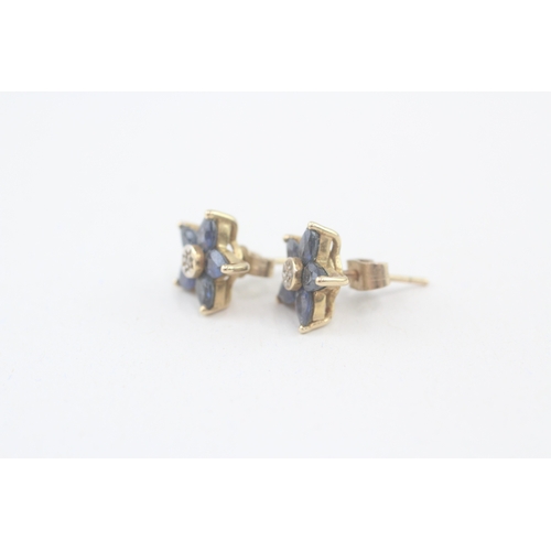 77 - 9ct gold sapphire & diamond cluster stud earrings with scroll backs (2.1g)