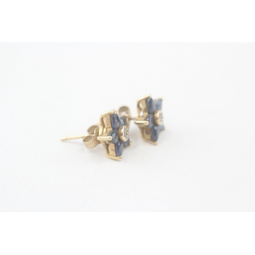 77 - 9ct gold sapphire & diamond cluster stud earrings with scroll backs (2.1g)