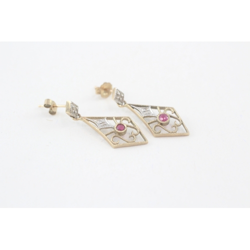 78 - 9ct gold vintage ruby and diamond drop earrings (2.1g)