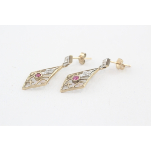 78 - 9ct gold vintage ruby and diamond drop earrings (2.1g)