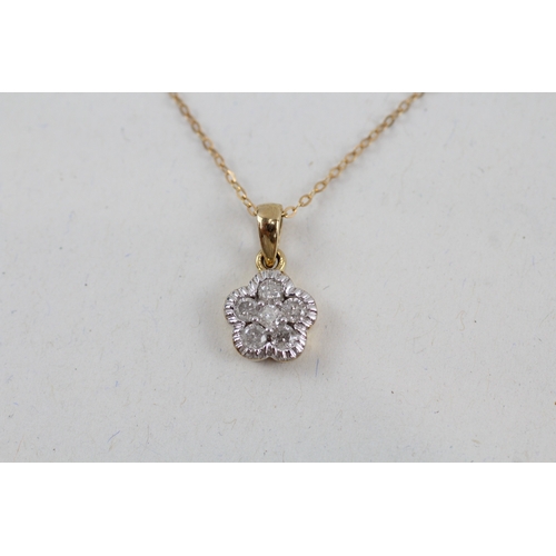 99 - 9ct gold diamond floral cluster pendant with 9ct gold chain (1.4g)