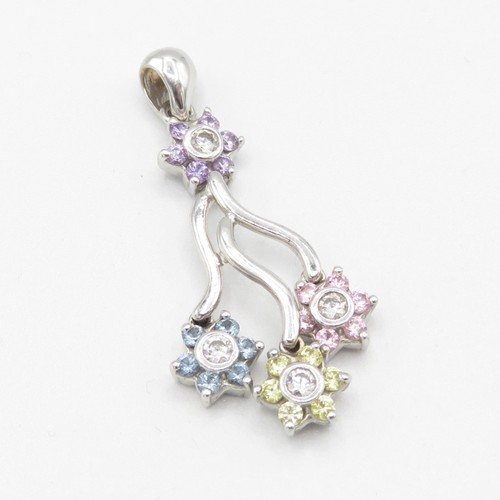 1 - 18ct White Gold Pendant with Diamond and Floral Design and Multi-Coloured Gemstones.  2.25g.  40mm L... 