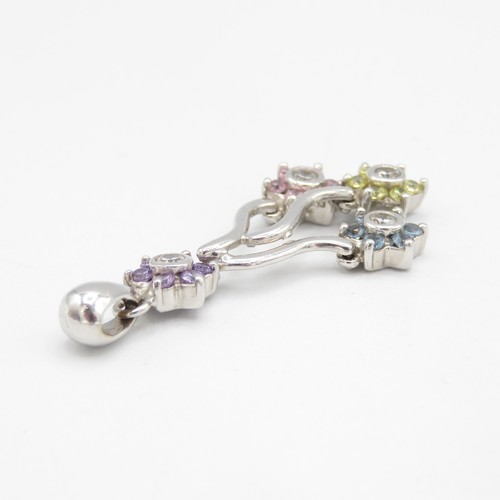 1 - 18ct White Gold Pendant with Diamond and Floral Design and Multi-Coloured Gemstones.  2.25g.  40mm L... 