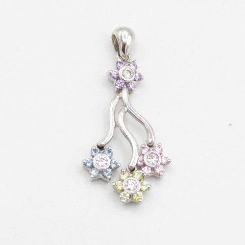 1 - 18ct White Gold Pendant with Diamond and Floral Design and Multi-Coloured Gemstones.  2.25g.  40mm L... 