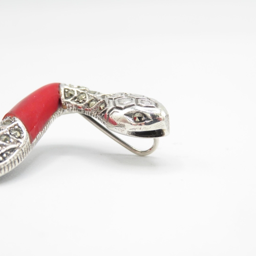 266 - HM Sterling Silver 925 Snake pendant set with red stones  (10.8g) In excellent condition - 50mm long