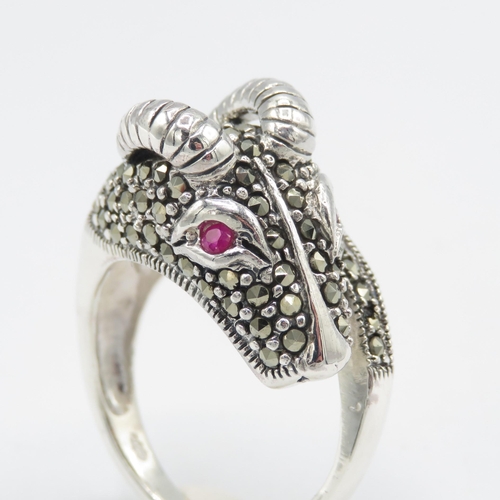 268 - Silver and Marquise Red Gemstone Eyed Goat Ring Size Z