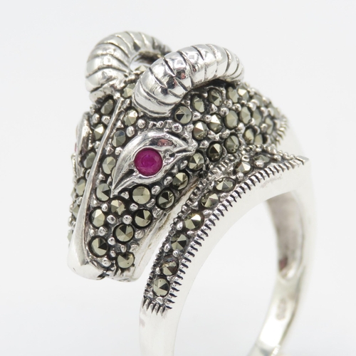 268 - Silver and Marquise Red Gemstone Eyed Goat Ring Size Z