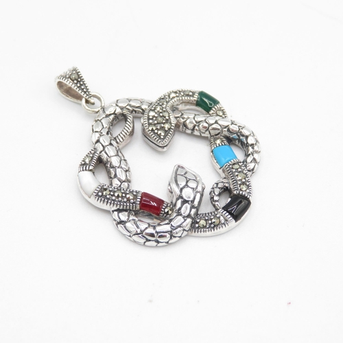 271 - Entwined Snake Pendant with multi gemstones 925 silver 38mm long