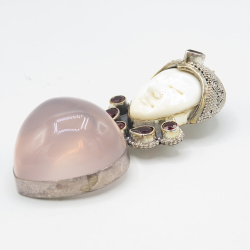 292 - Large rose quartz and silver pendant - 65mm long - (37.4g)