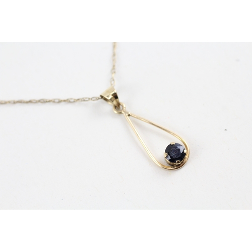 119 - 9ct gold sapphire drop pendant necklace (1.4g)