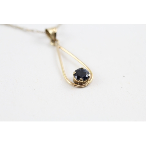 119 - 9ct gold sapphire drop pendant necklace (1.4g)