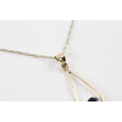 119 - 9ct gold sapphire drop pendant necklace (1.4g)