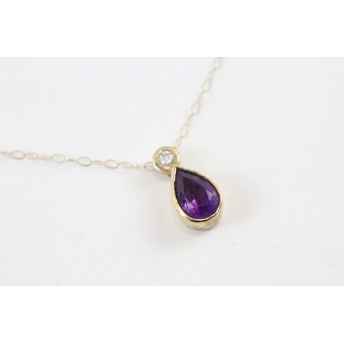 120 - 9ct gold pear cut amethyst & diamond pendant necklace (2.1g)