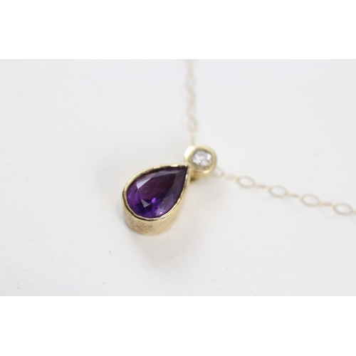 120 - 9ct gold pear cut amethyst & diamond pendant necklace (2.1g)