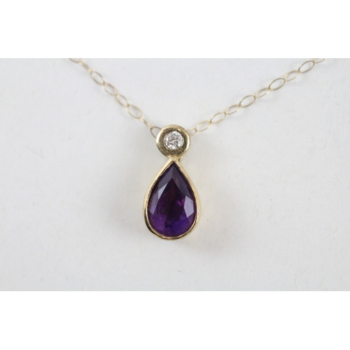 120 - 9ct gold pear cut amethyst & diamond pendant necklace (2.1g)