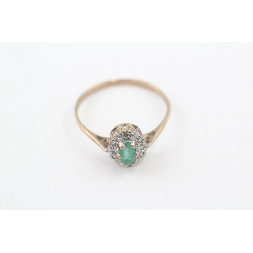 140 - 9ct gold emerald and diamond halo dress ring (1.5g) Size  O