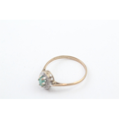 140 - 9ct gold emerald and diamond halo dress ring (1.5g) Size  O