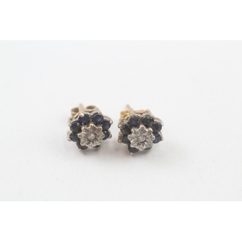 150 - 9ct gold vintage sapphire and diamond cluster stud earrings (2.4g)