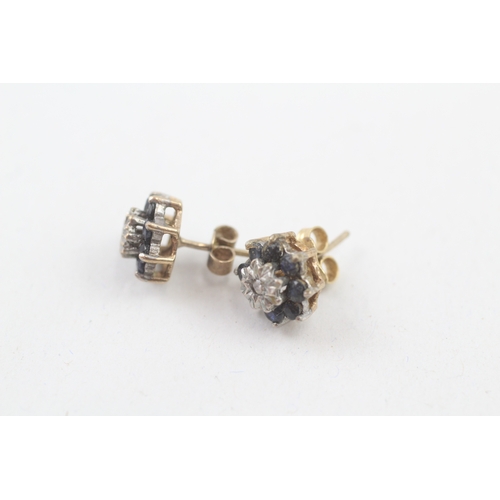 150 - 9ct gold vintage sapphire and diamond cluster stud earrings (2.4g)