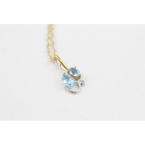 158 - 9ct gold pear cut blue topaz & diamond pendant necklace (2.4g)